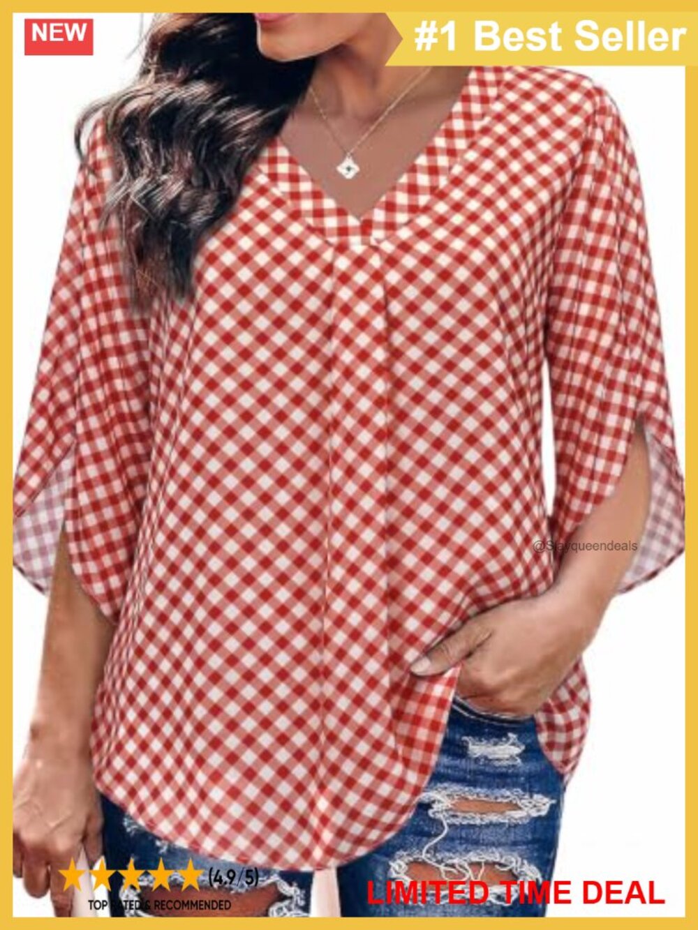 Plus Size 3/4 Sleeve Chiffon Blouse V Neck Loose Fit Double Layer Top
